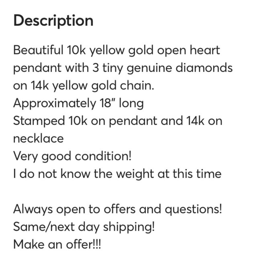 Dainty necklace. 14k gold chain with dainty 10k heart charm. 3 tiny diamonds. - Picture 3 of 5